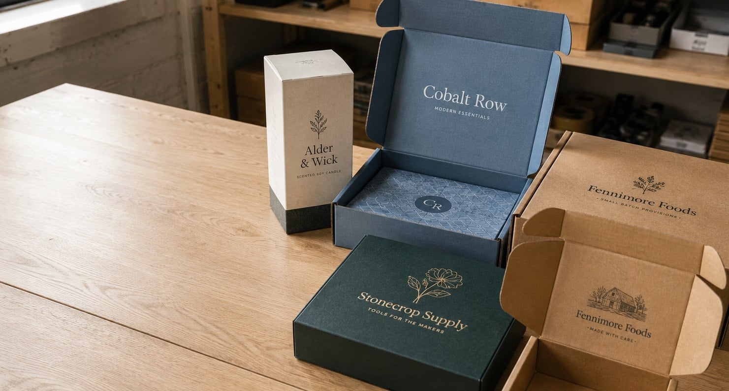 Custom-printed folding cartons and mailer boxes on a packing bench